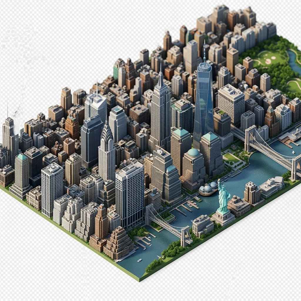 Isometric miniature of New York Сity Empire State Building, Chrysler Building, One World Trade Center, Statue of Liberty, Brooklyn Bridge, and Central Park chaotic low-rise blocks in outer boroughs 3D miniature effect and Tilt Shift effect, no cartoonish look, transparent background. emoji