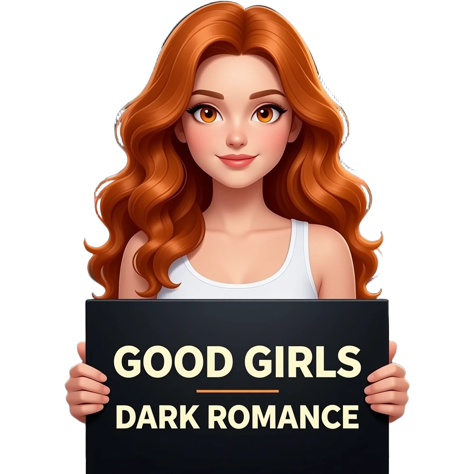 sexy girl with long wavy ginger hair and ginger eyes wearing a white tanktop is holding a black colored sign with GOOD GIRLS read DARK ROMANCE written on it emoji