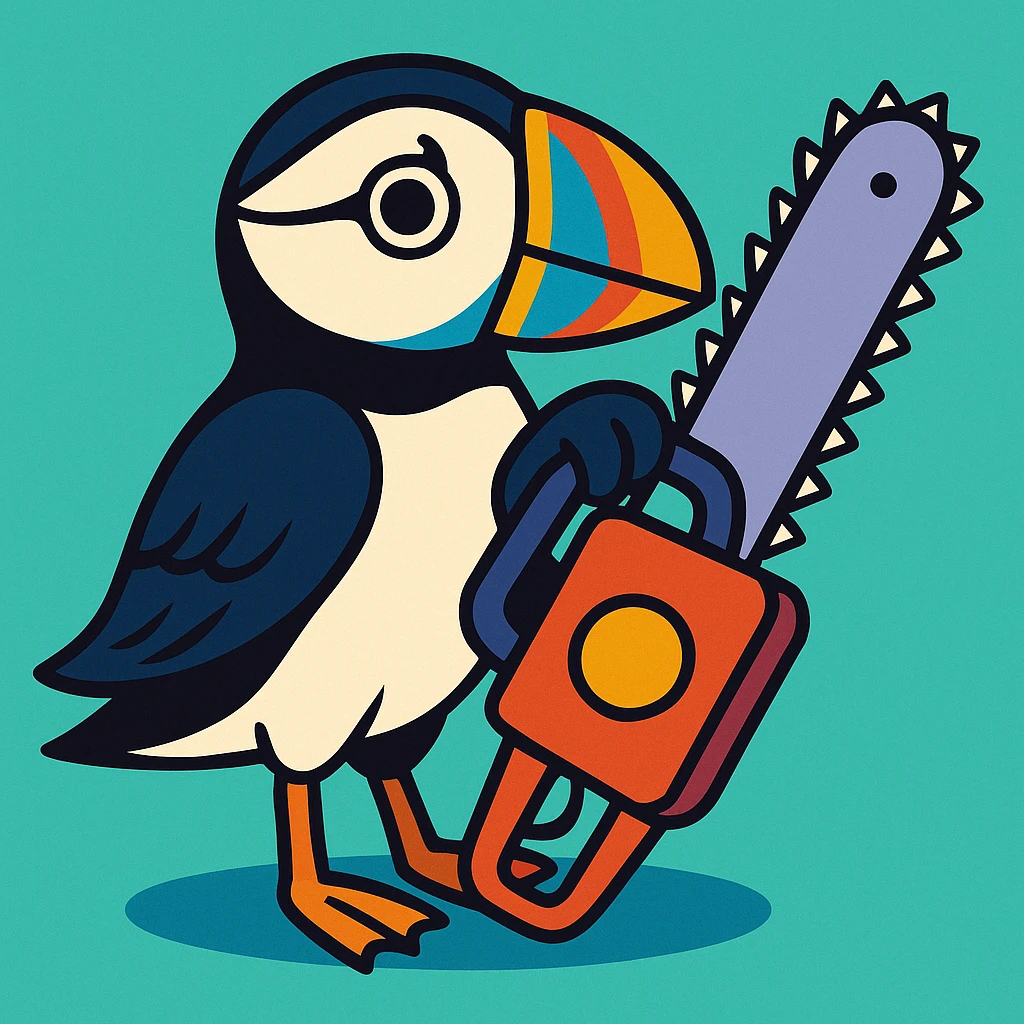 puffin holding a chainsaw, vibrant cartoon style emoji