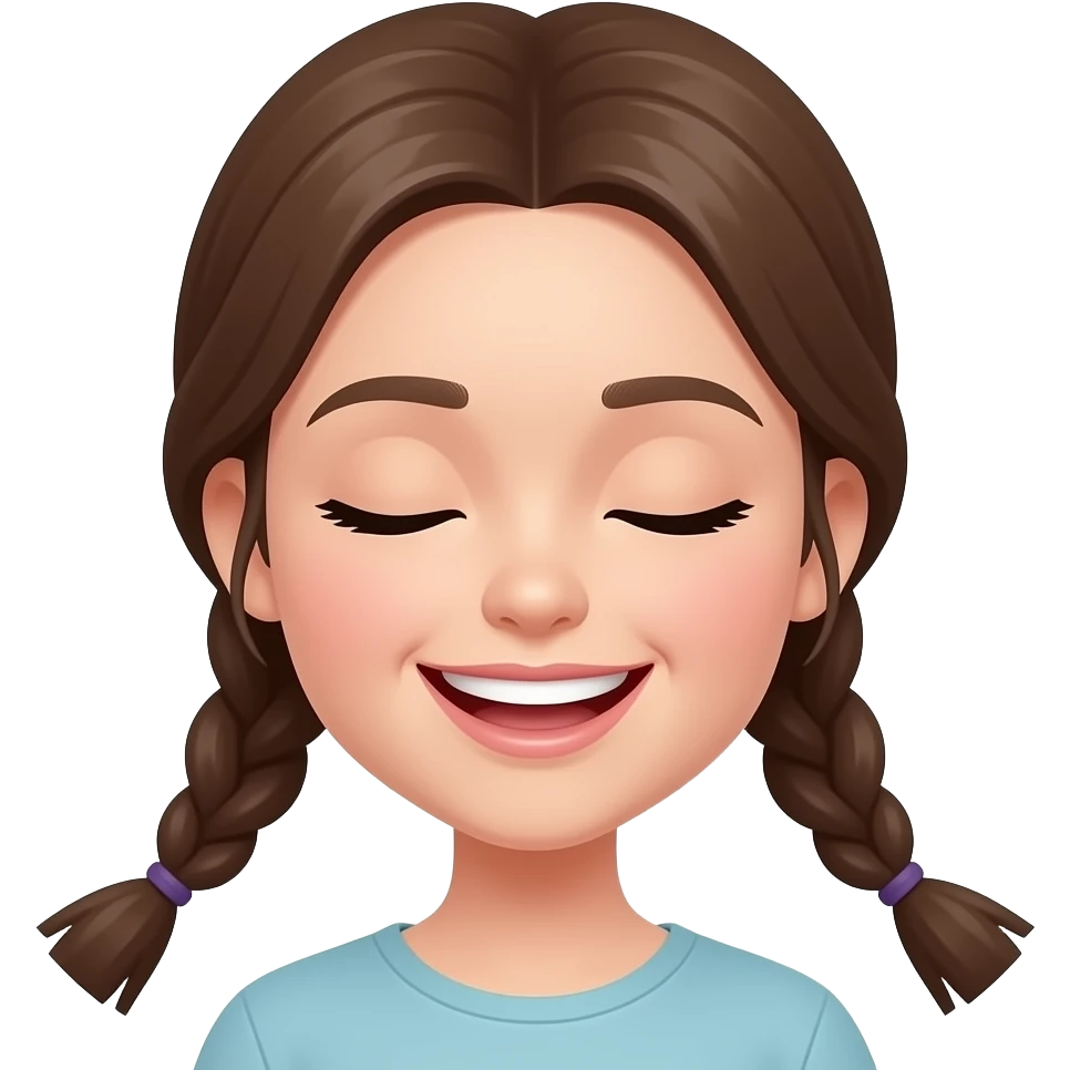 “Minimalist emoji of a young woman with braided hair, eyes closed in joy, wide genuine smile showing teeth, soft dimples, head slightly tilted down, clean vector style, bold outlines, flat colors, no background, centered, high contrast, simplified facial features only.” emoji