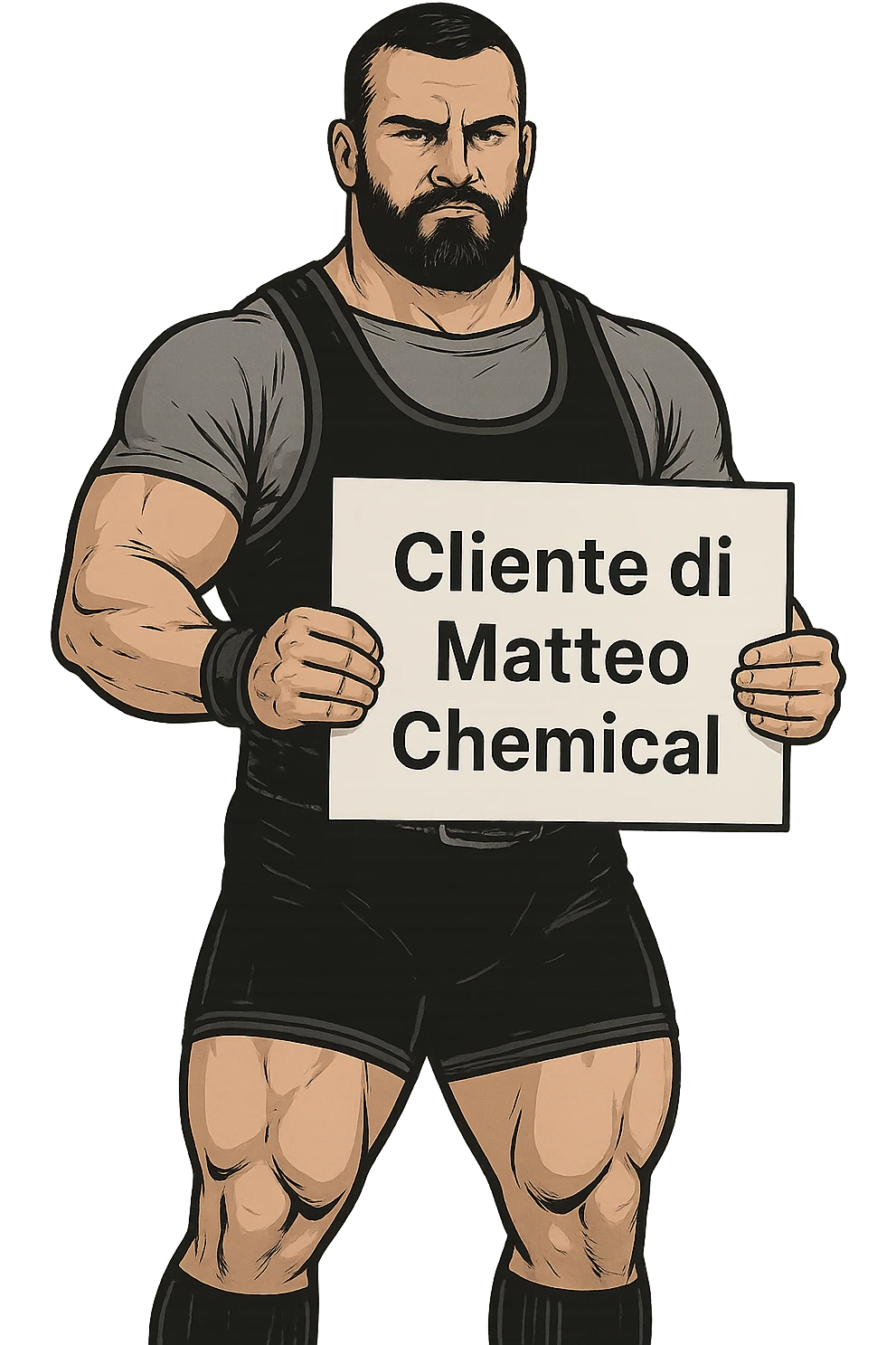 Powerlifter con in mano una targa o un foglio con scritto "Cliente di Matteo Chemical" emoji