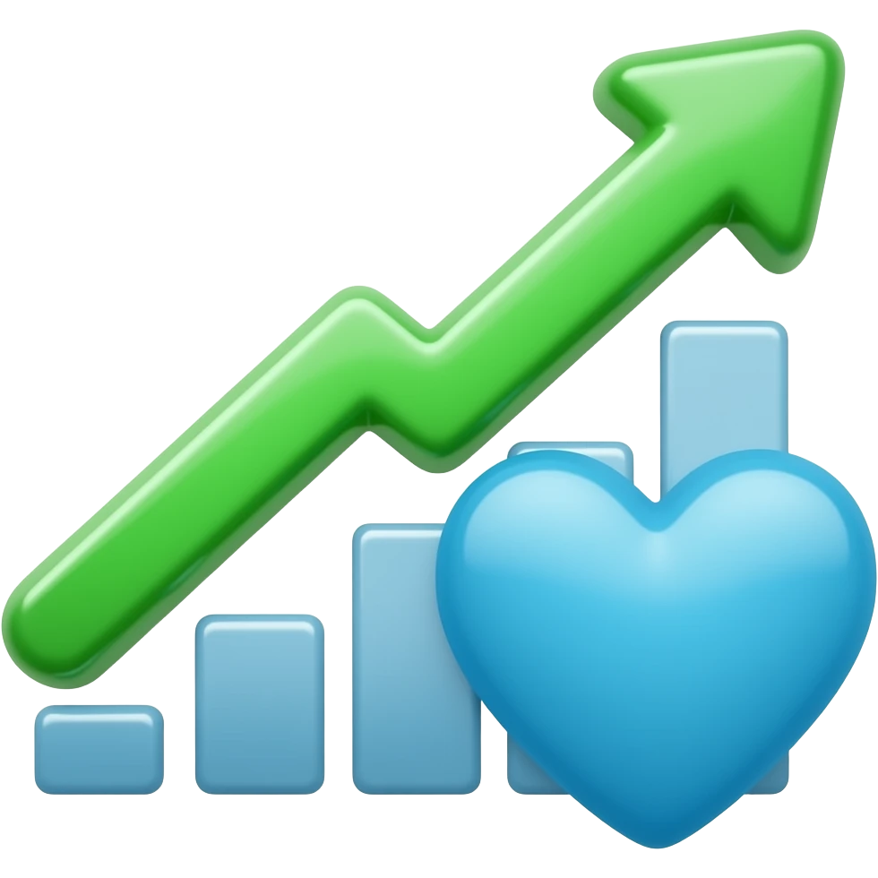 a Little  blue heart next to a small growing chart in the form of an arrow emoji