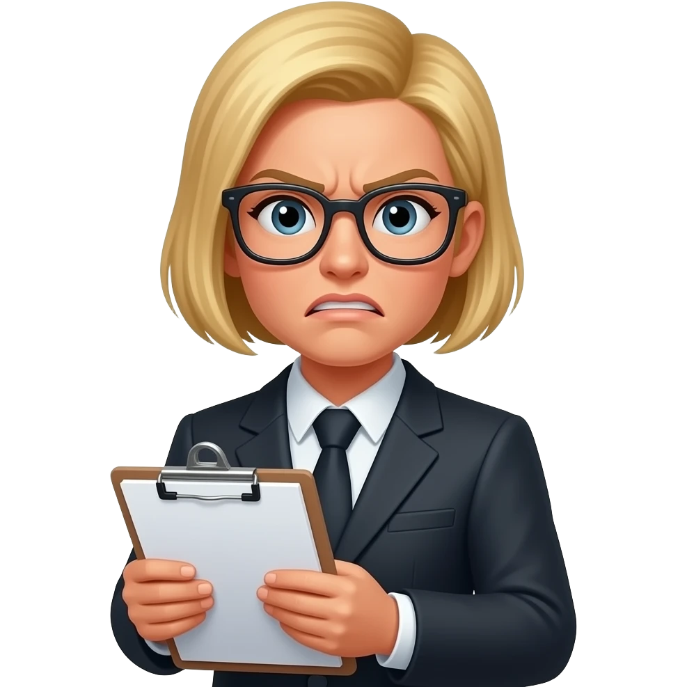 female, blonde, buzz cut, glasses, lawyer, frusturated, legal pad emoji