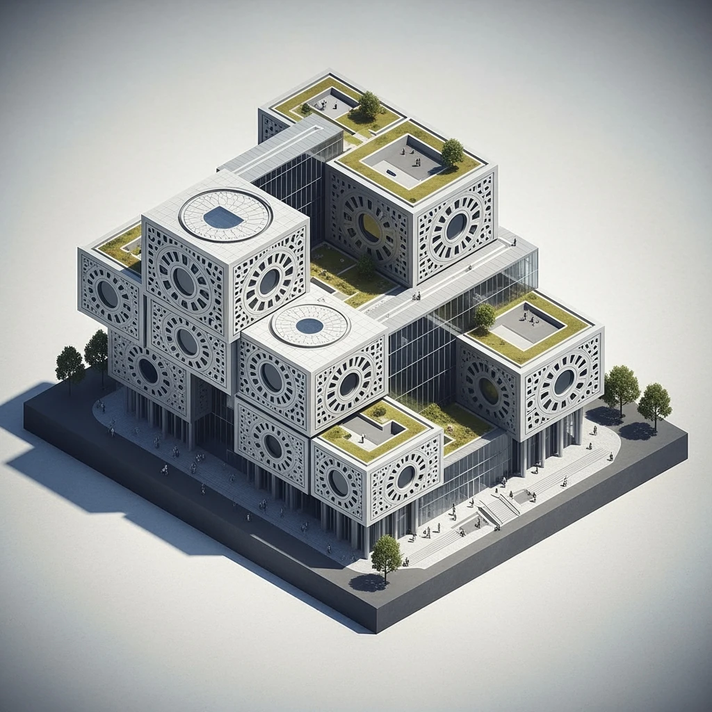 Isometric photorealistic illustration of Birmingham library highly detailed in semi-realistic, 3D miniature effect, transparent background. emoji