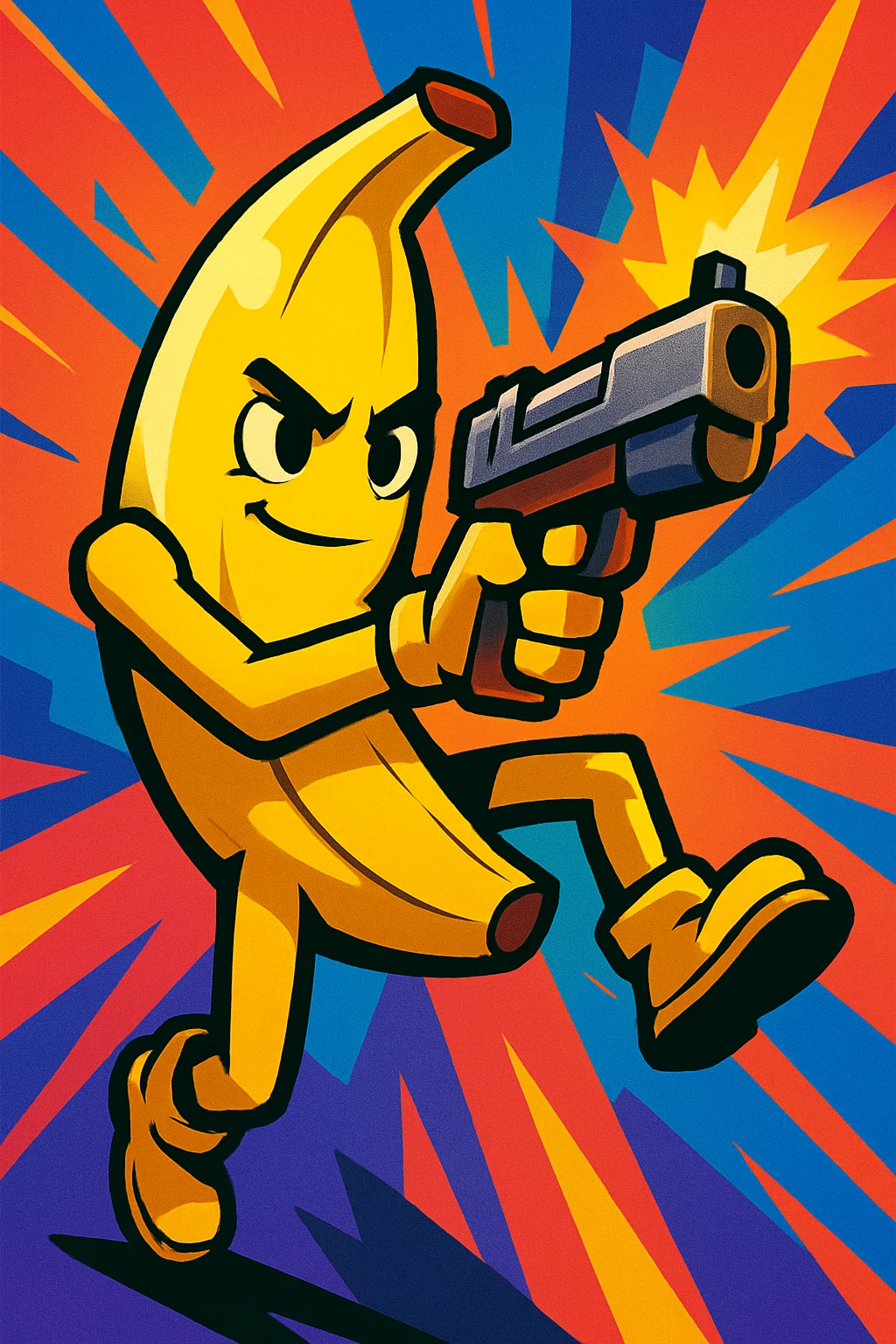 banana pistol in Fortnite style, dynamic action pose, comic-inspired look, high contrast, colorful background, youthful and energetic emoji