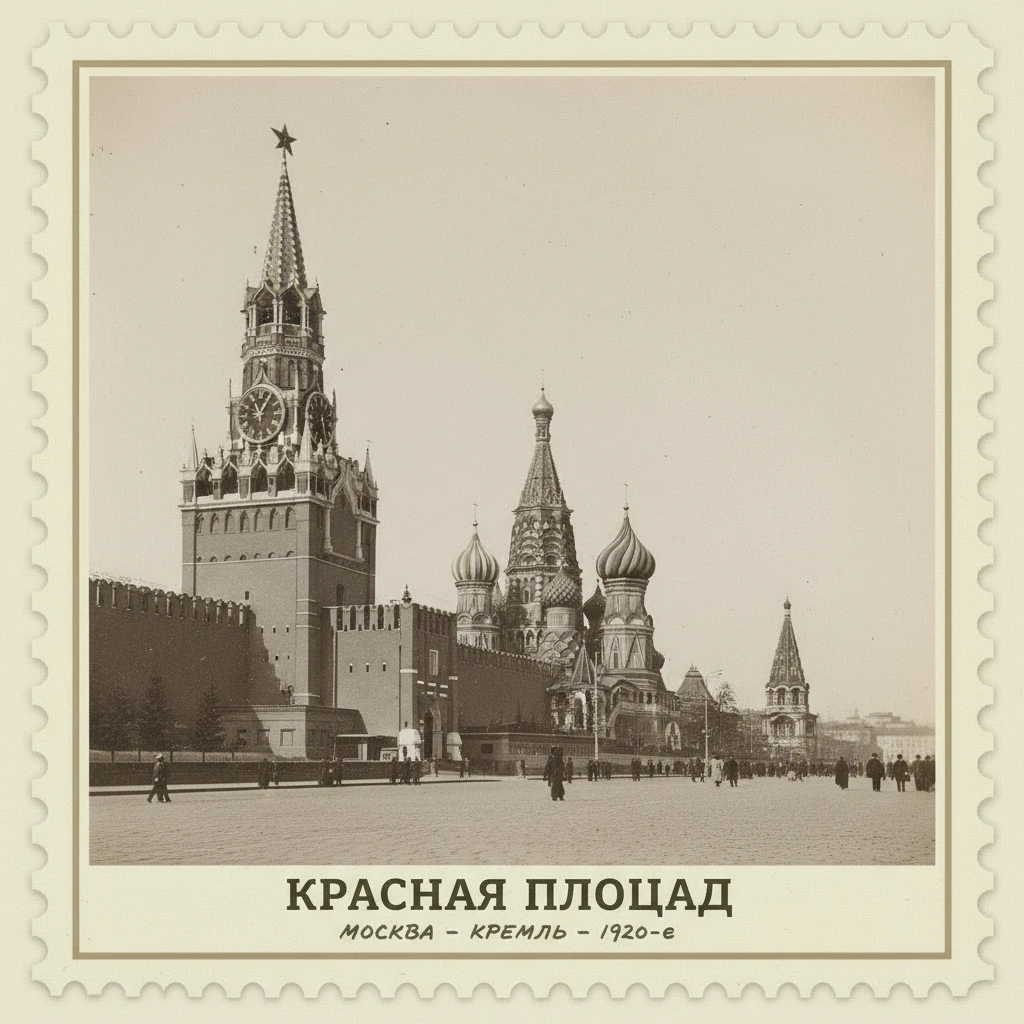 Марка на которой изображен Красная площадь с Кремлем. Кремль на переднем плане крупно

Стиль марки такой же, как на прикрепленном фото emoji