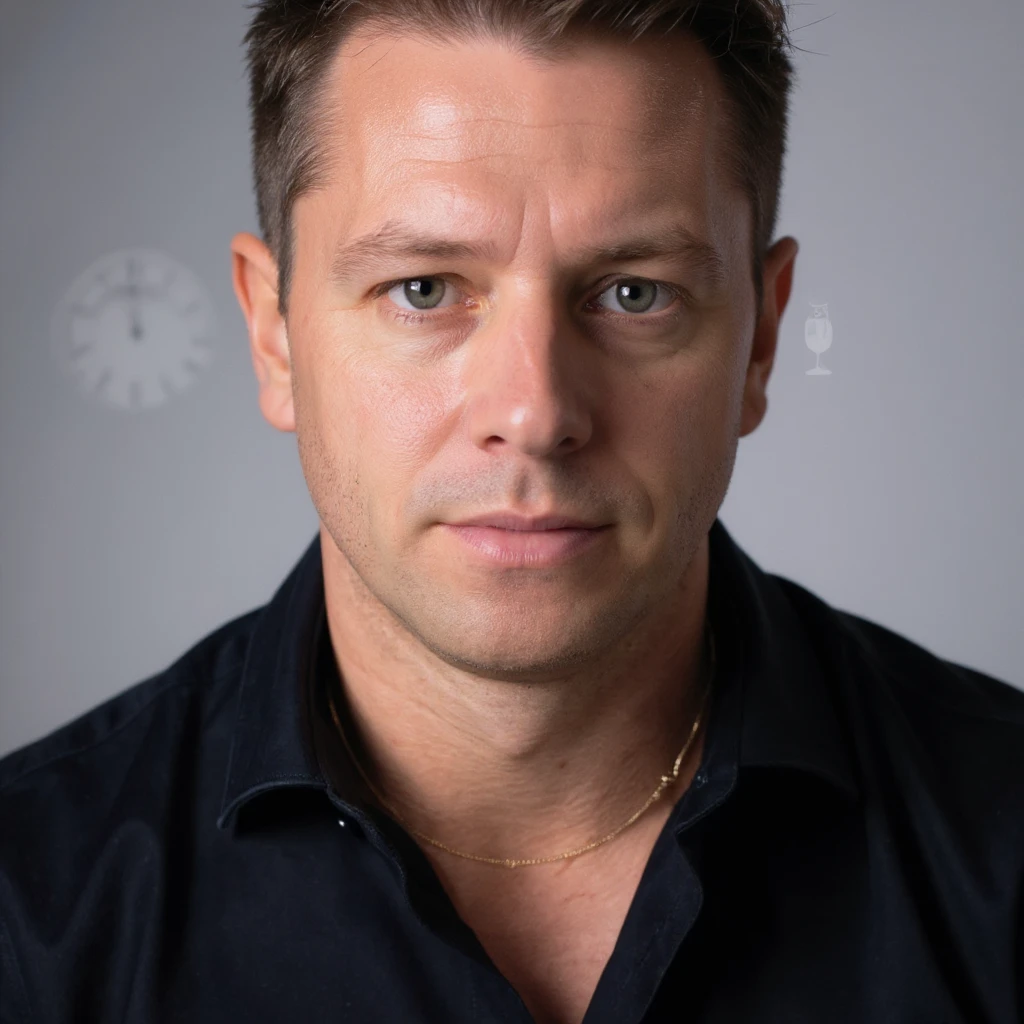 Vertical portrait, only the man's face in a realistic style with a serene expression. Include symbols of a clock or hourglass next to the face to represent fasting time. The atmosphere should convey waiting and regeneration. emoji