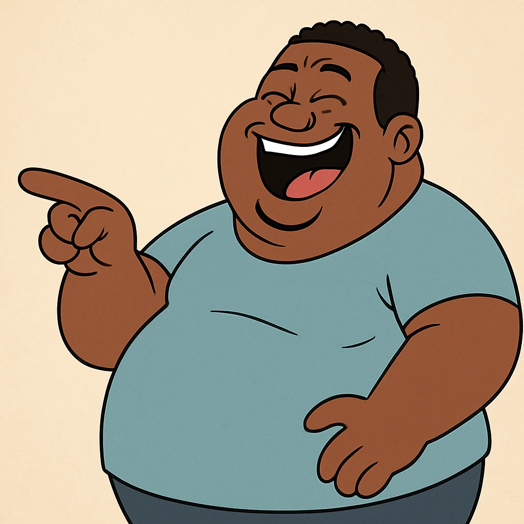a fat black man pointing and laughing, expressive, friendly, cartoon style emoji