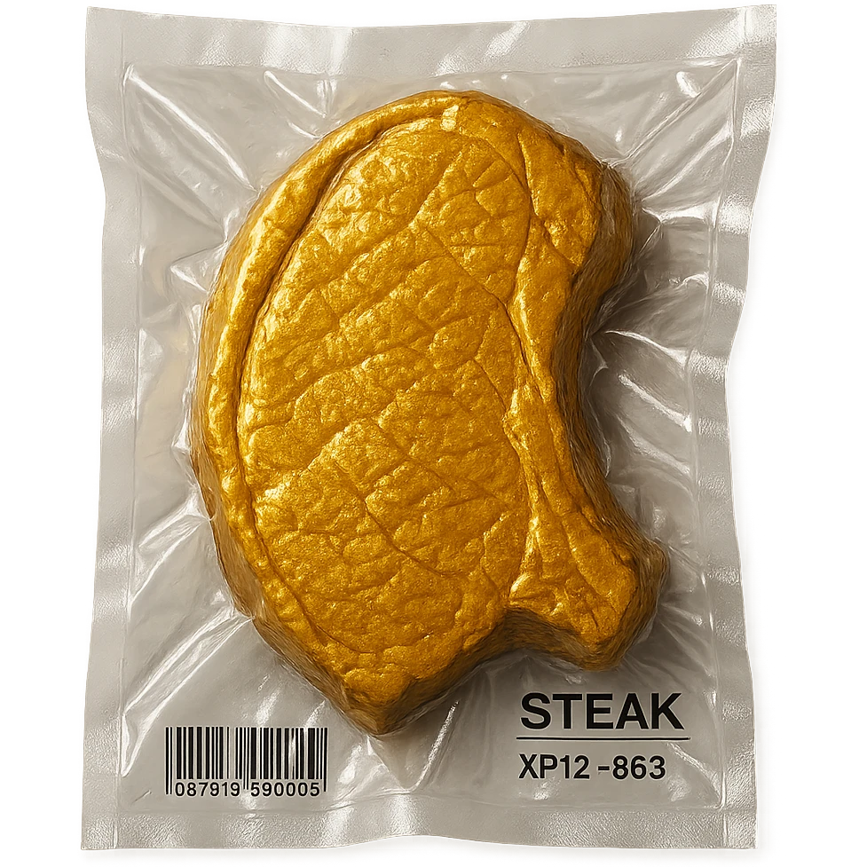 golden steak, glossy and puffy, vacuum-sealed style emoji