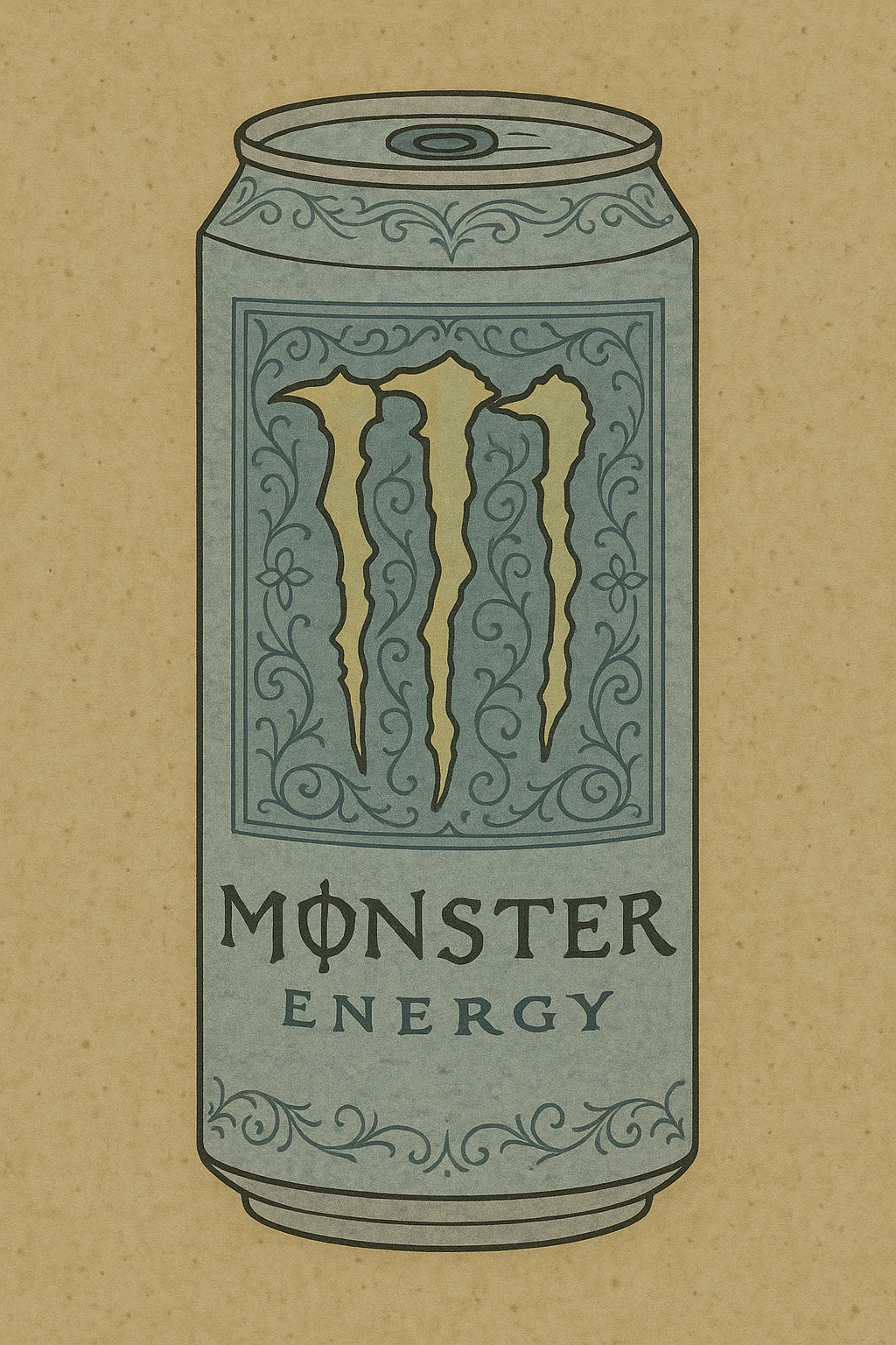 monster energy drink can, medieval art style, illuminated manuscript look, ornate details emoji