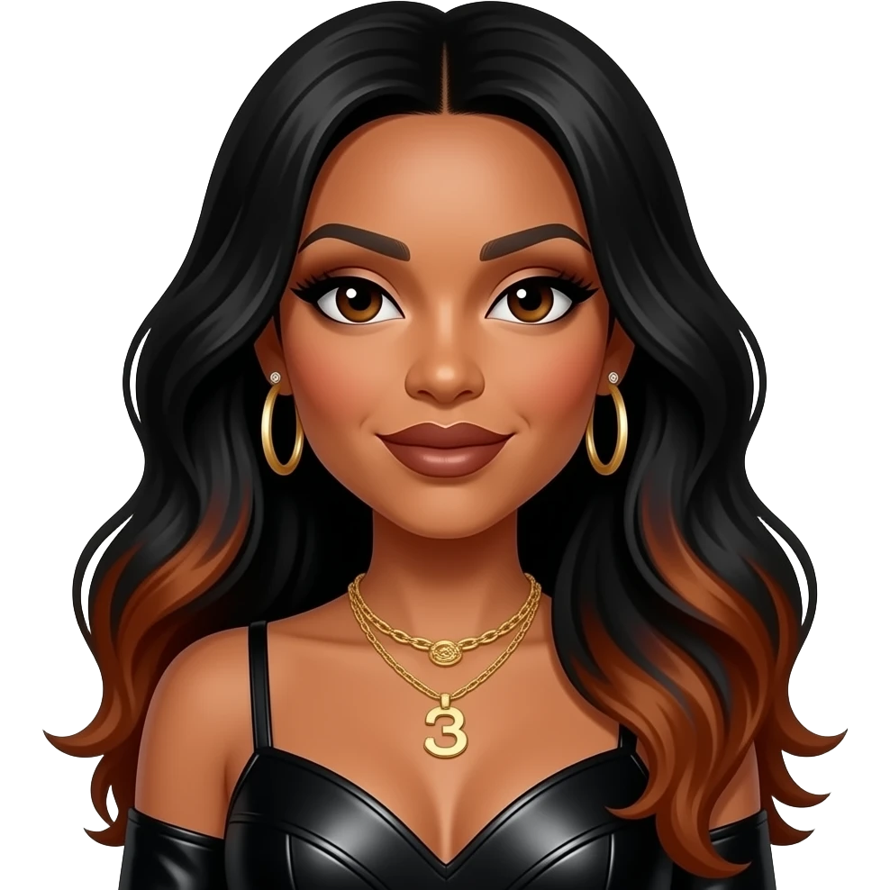 Aaliyah with dark brown eyes, long black hair with dark auburn ombre, dark brown eyeshadow and lipstick, black metallic R&B outfit, necklace and earrings emoji