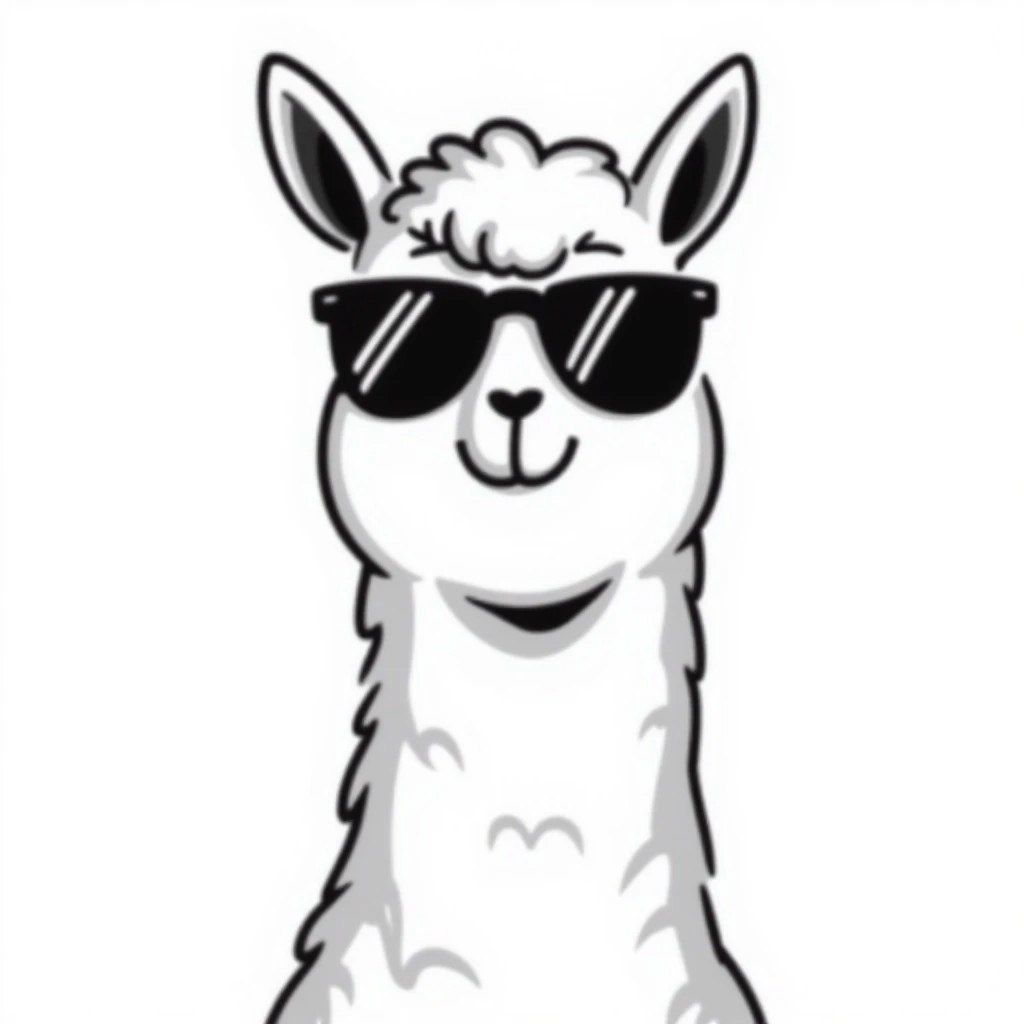 vintage style llama, sunglasses, sassy pose, black outline drawing emoji