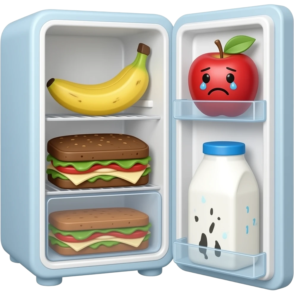 fridge with old banana apple sandwich not happy sad crying cute smelly face milk dirty emoji