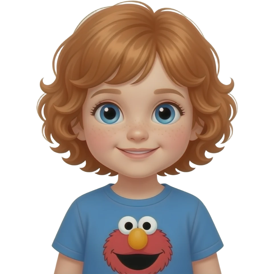 cute little girl with light red hair really short curly hair 2 years old blue eyes elmo shirt emoji