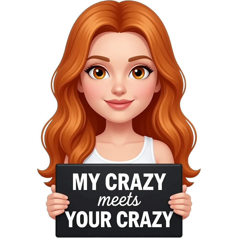 sexy girl with long ginger hair and ginger eyes wearing a white tanktop is holding a black sign with MY CRAZY meets YOUR CRAZY written on it emoji