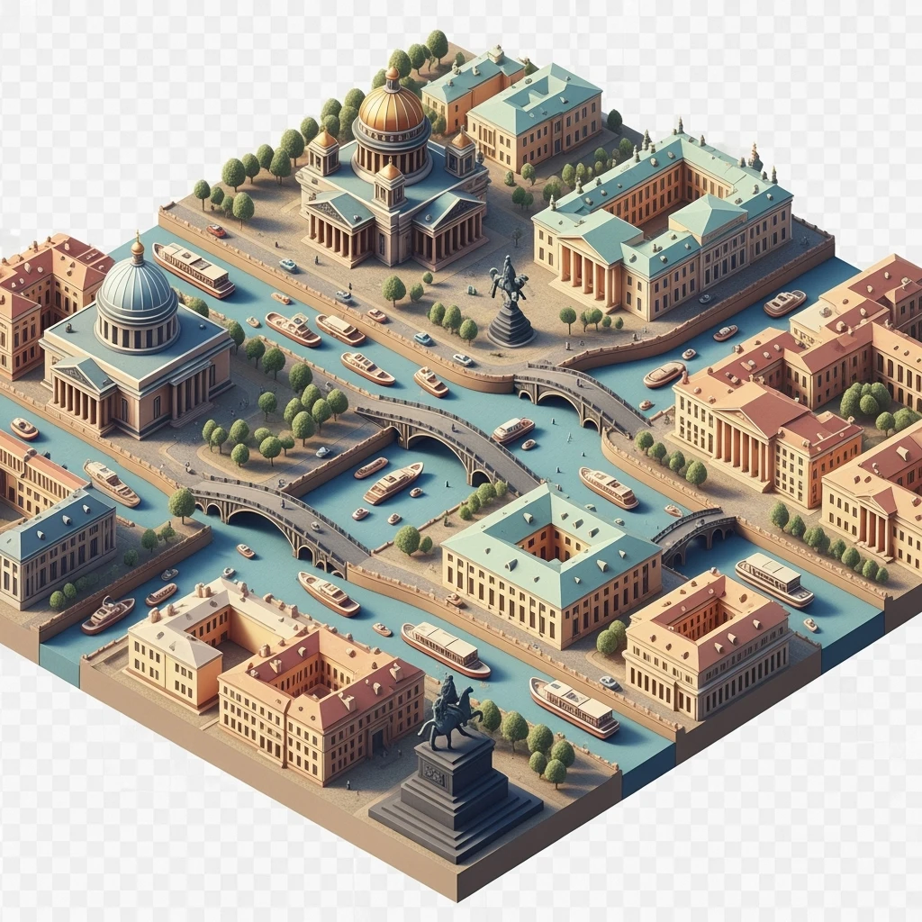 Isometric illustration of Saint Petersburg with the Saint Isaac’s Cathedral, the Winter Palace, and the Bronze Horseman statue and canals, toy boats and bridges, in pastel miniature diorama style, transparent background emoji