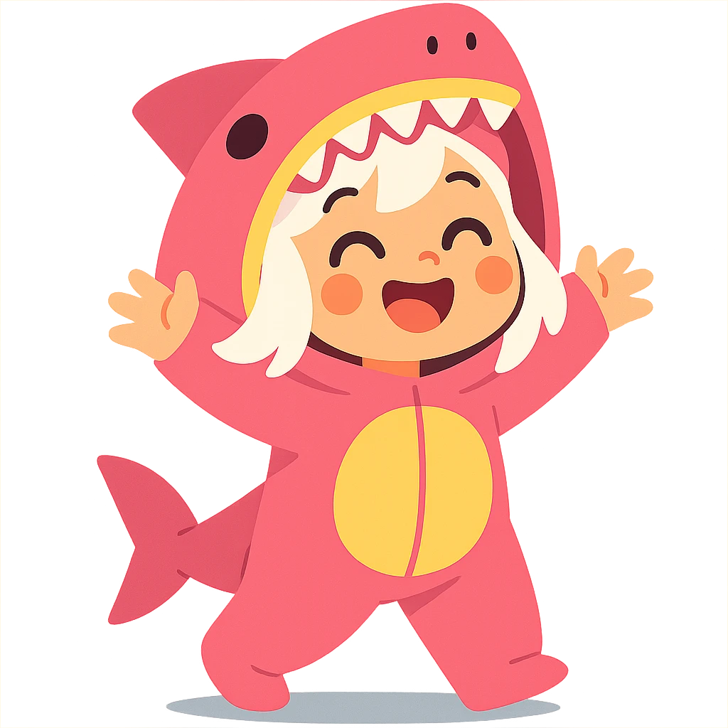 cute cartoon girl with white hair in a pink shark onesie, cheerful and joyful expression emoji