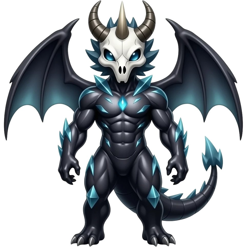 Shiny Dark Edgy Inteleon-Amaura-Fakémon-hybrid-creature (full body) with a horned animal-skull-mask emoji