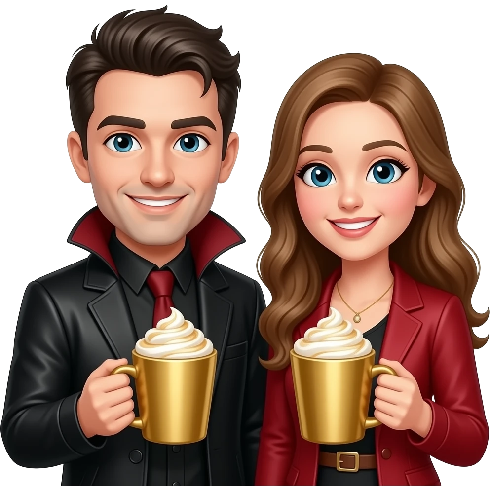 Gothic man and woman with sweet smiles golding vanilla lattes emoji