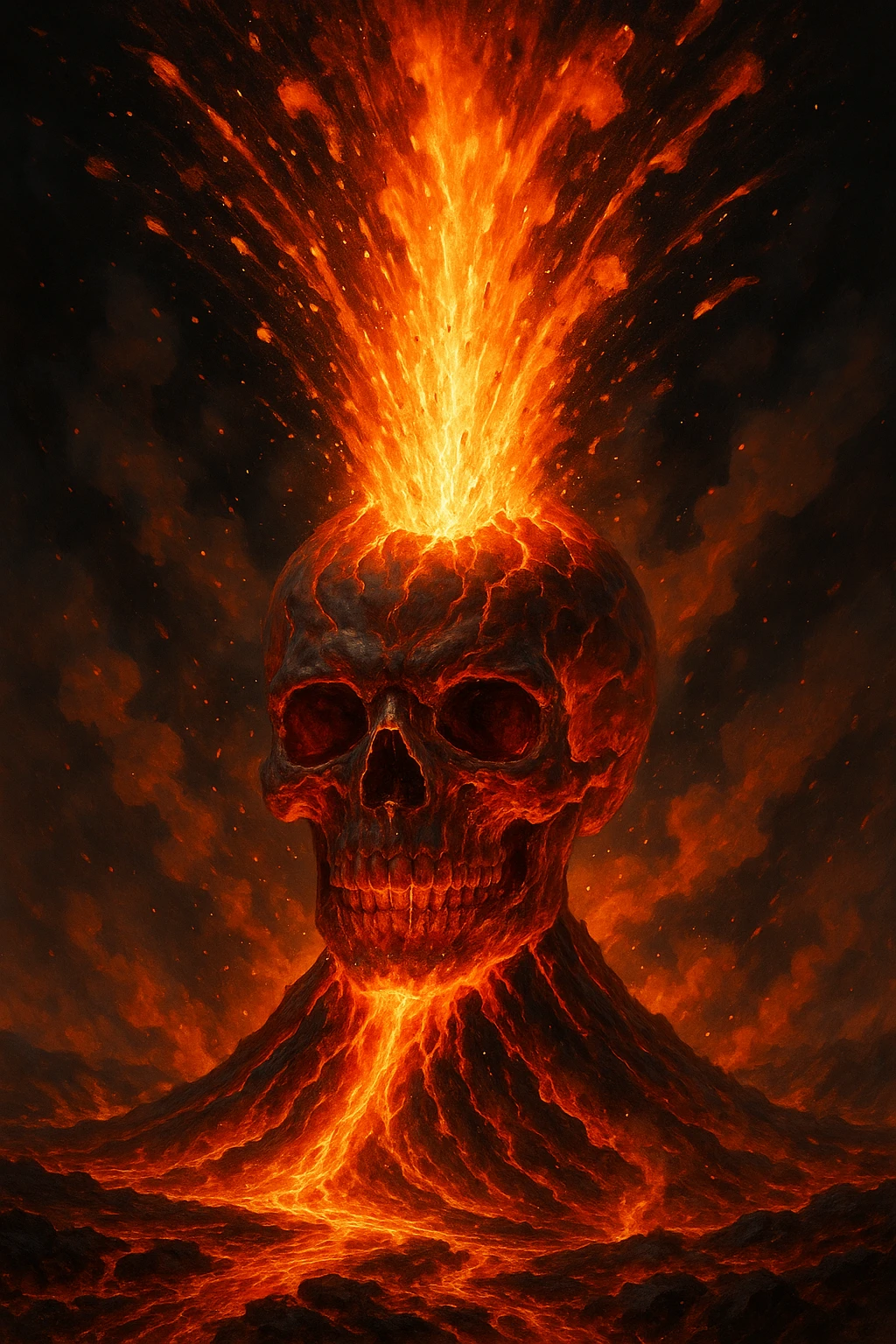 skull head volcano, explosive lava blast, fiery and powerful, intense volcanic eruption, dynamic lava explosion emoji