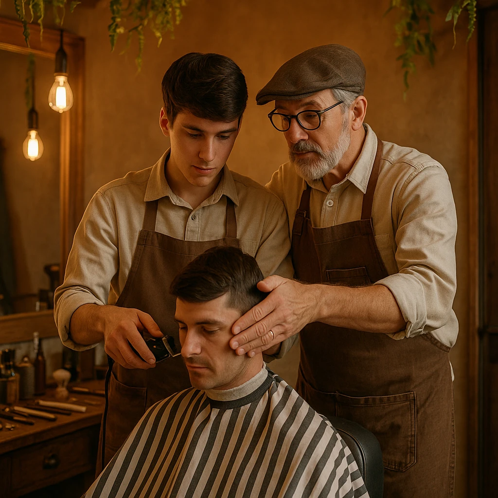 Inside a cozy barbershop with soft lighting, an experienced barber gently teaches his apprentice, guiding his hands as they cut hair together. The room is filled with warmth, plants hanging from the ceiling, and the hum of clippers emoji
