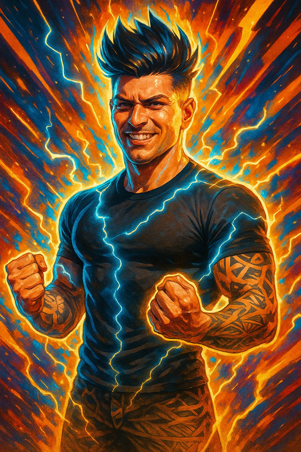 a man with a chiseled physique and wild, upward hair stands center stage, fists clenched and chest out. A radiant, electric aura envelops him, with energy lines and glowing effects highlighting his strength and masculinity. His face shows determination and pride, and the background features explosive, dynamic patterns. emoji