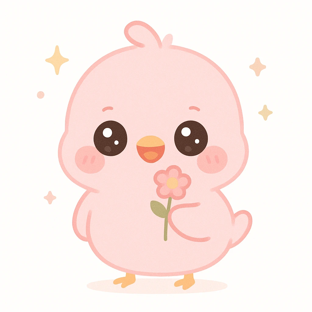 a cute pink chick, original design, big eyes, blushing cheeks, joyful, holding a tiny flower emoji