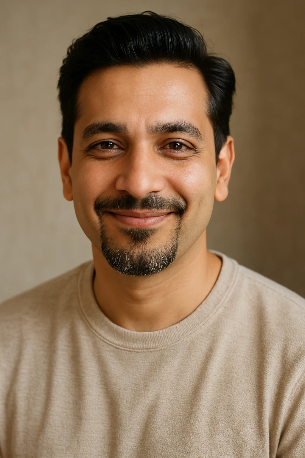 A 40-year-old Indian man with a slick French goatee, fair complexion, and a nice, trusting smile. His look is warm and makes you feel good. emoji