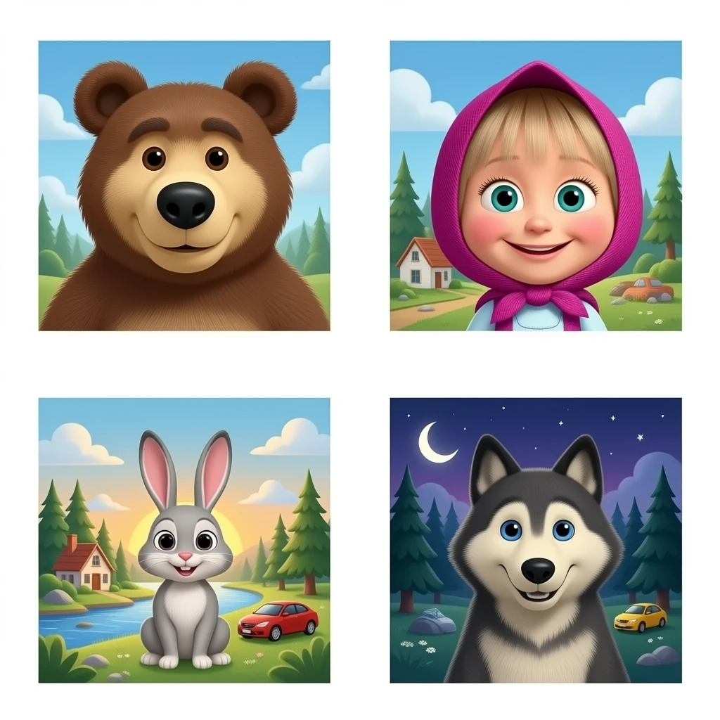 Characters
Masha
Bear
Rosie 
Bunnies (First appearance)
Hare (First appearance)
Wolves
Toy cars
Places
Masha's house
river
Forest emoji