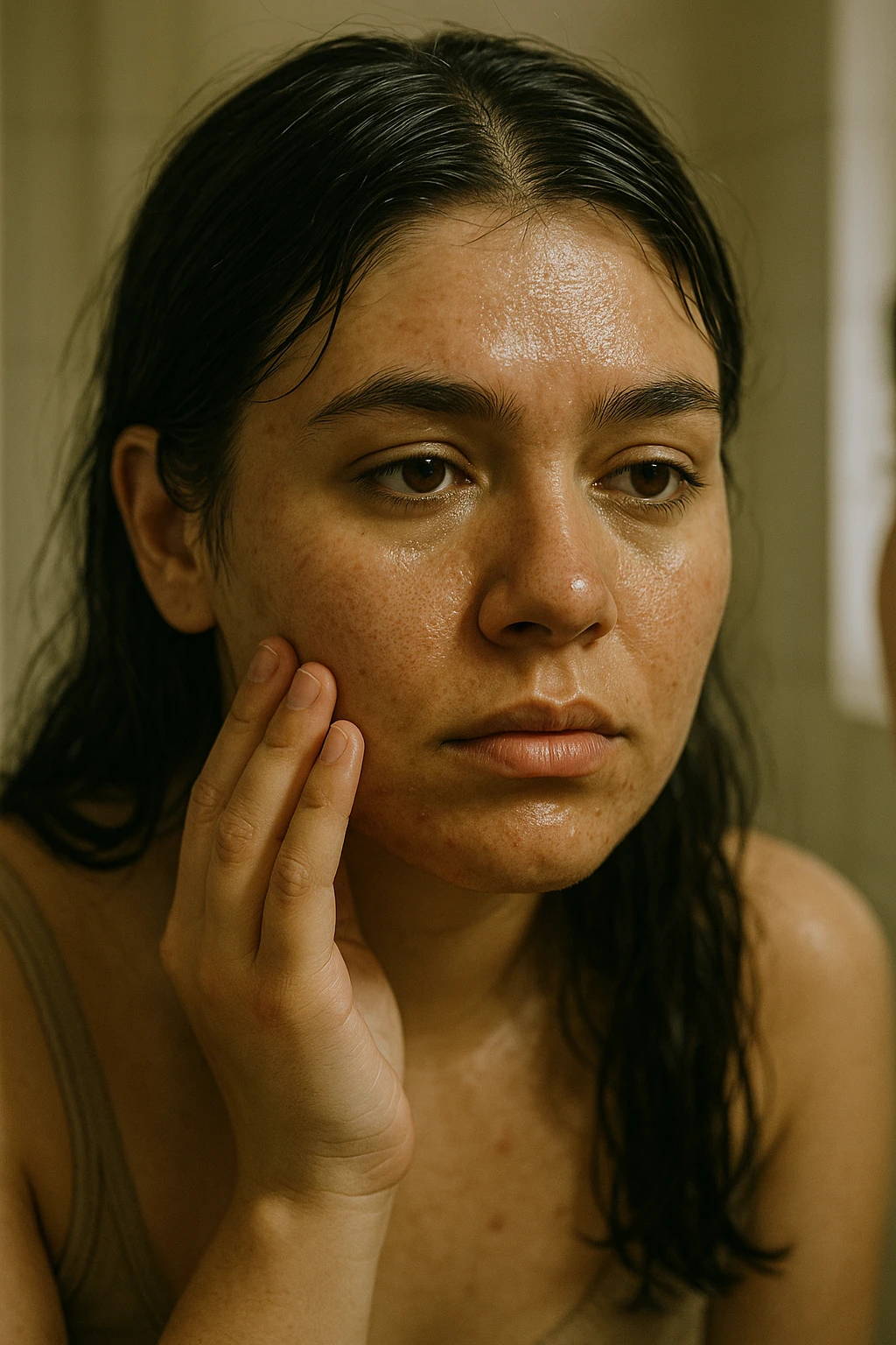 A highly realistic, cinematic close-up portrait of a young woman in her late 20s with medium skin tone, showing visible oily skin and enlarged pores on her cheeks, nose, and forehead. Her skin has a noticeable shiny appearance due to excessive sebum production, and small acne spots are visible along her jawline and chin, indicating hormonal imbalance. Her dark hair appears greasy, clumping in some areas near her scalp, emphasizing unwashed, oily hair due to overactive sebaceous glands caused by PCOS. The woman looks at herself in the mirror with a tired yet hopeful expression, gently touching her cheek with her fingertips as she observes her skin condition. The setting is a softly lit bathroom with natural daylight, and the reflection shows the detail of her skin texture and greasy hair strands. Style: 35mm hyperrealistic film, warm neutral tones with soft depth of field, focusing on the oily skin texture, visible pores, and greasy hair to clearly illustrate the visual symptoms of PCOS. in italiano emoji