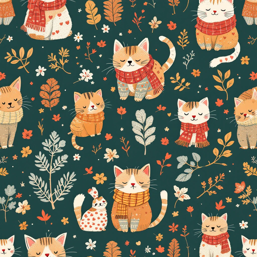 cute cats in scarves and sweaters, seamless pattern, autumn colors, warm and cozy vibe, playful cartoon style emoji