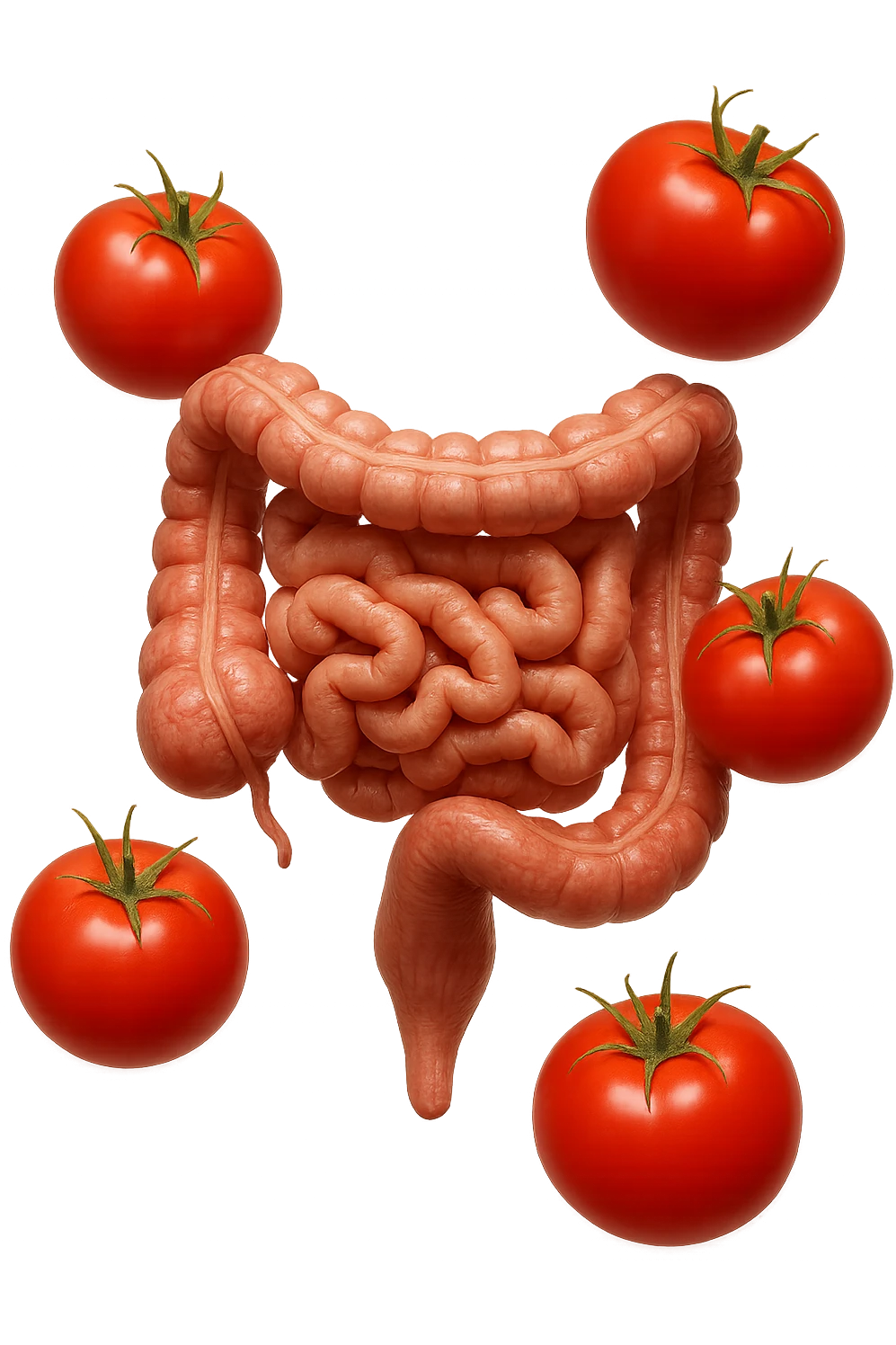 intestino umano anatomico con pomodori che gli fluttuano intorno, iperrealistico 4k emoji