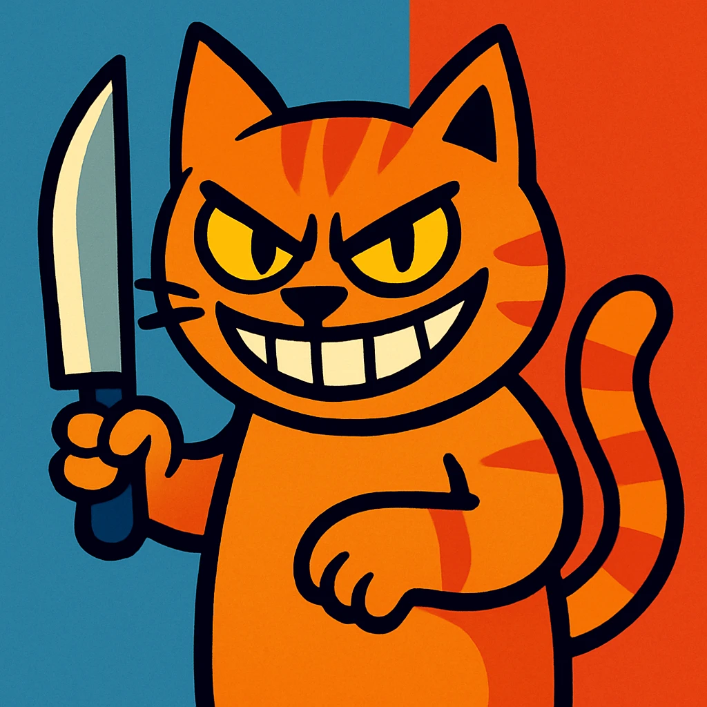 a cat with a sharp knife and a sinister smile, bold and colorful illustration emoji
