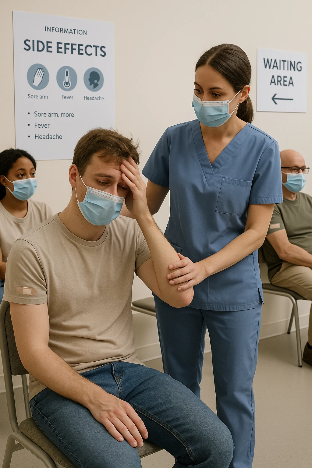 a group of people in a waiting area after vaccination, with one person looking slightly uncomfortable or dizzy. A nurse is nearby, ready to assist, and informational materials about possible side effects are visible on the wall. The mood is calm and responsible, emphasizing monitoring and care. in italiano emoji