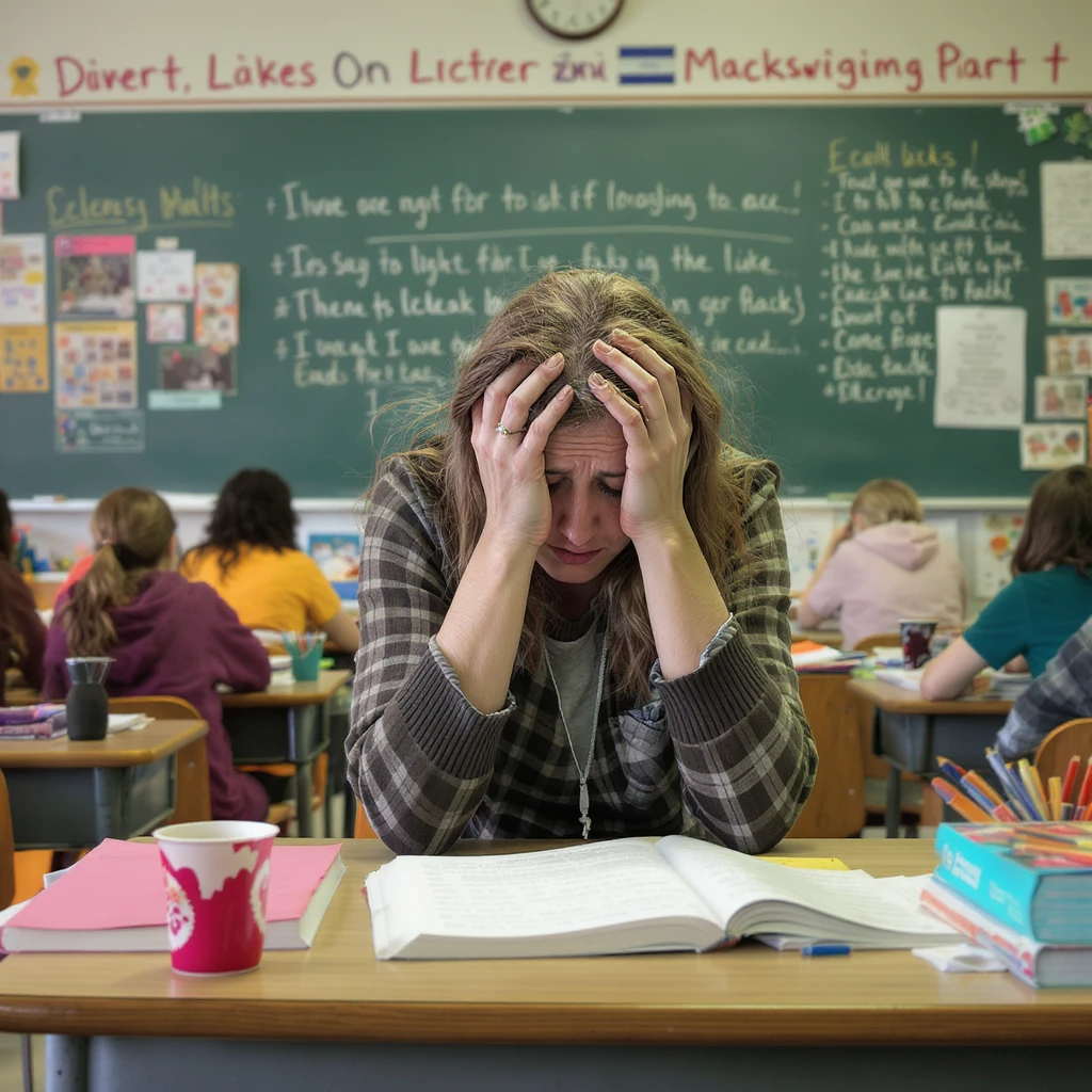 photograph of exhausted teacher in a bustling classroom emoji