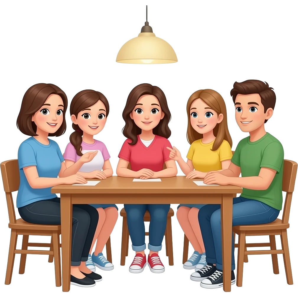 Conversation between two adults and three teenagers sitting at the table in the house emoji