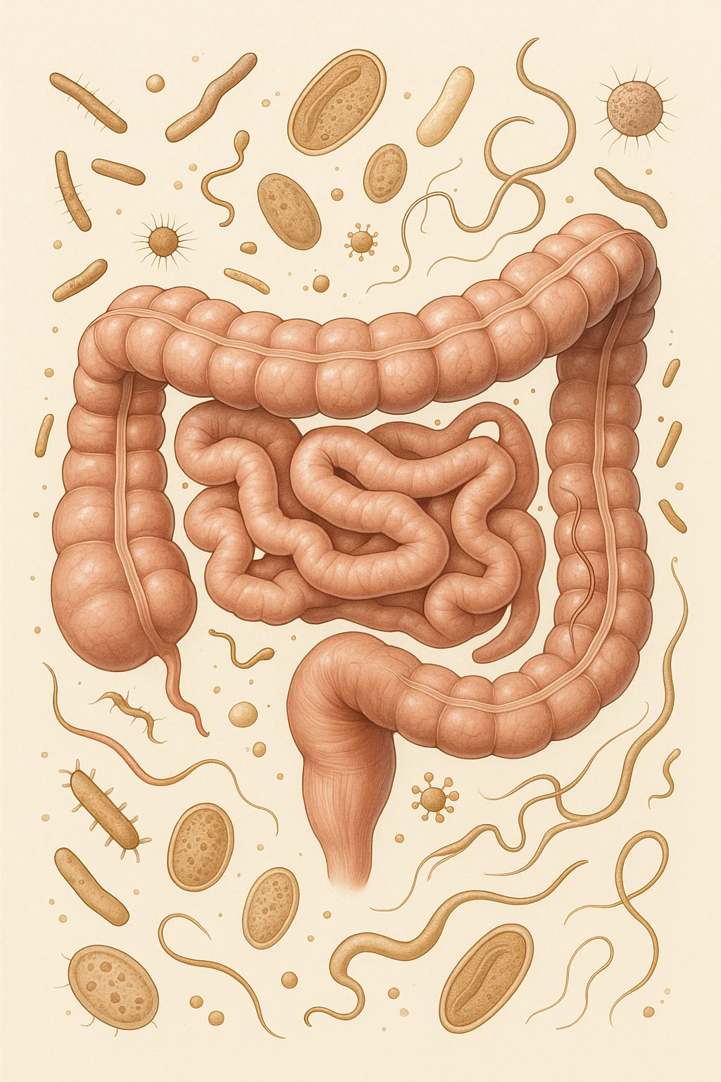 INTESTINO UMANO ANATOMICO CON BATTERI E PARASSITI INTORNO, SFONDO CHIARO NEUTRO emoji