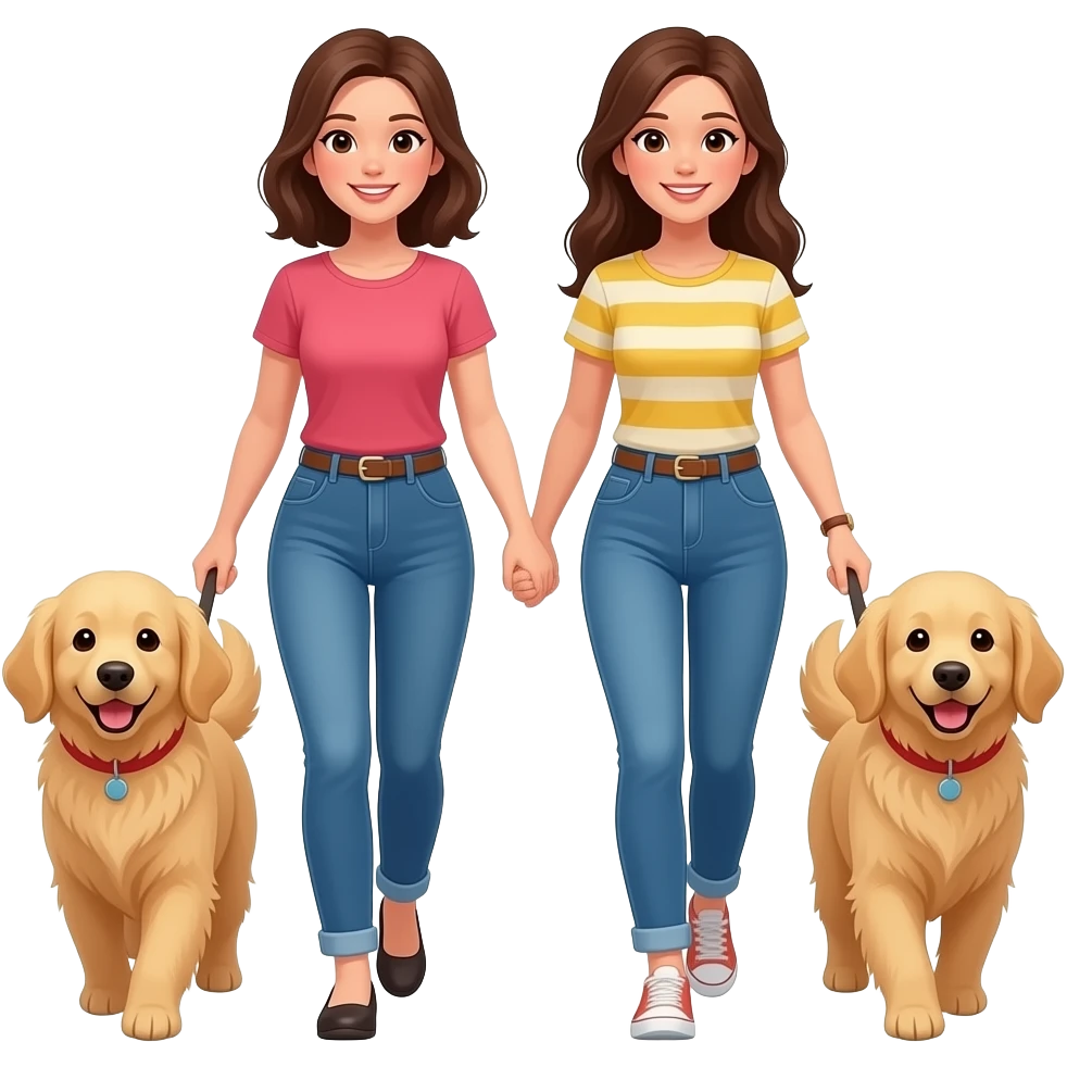 two brown haired women wearing jeans. one wearing black shirt, one wearing white shirt. walking two goldendoodles emoji