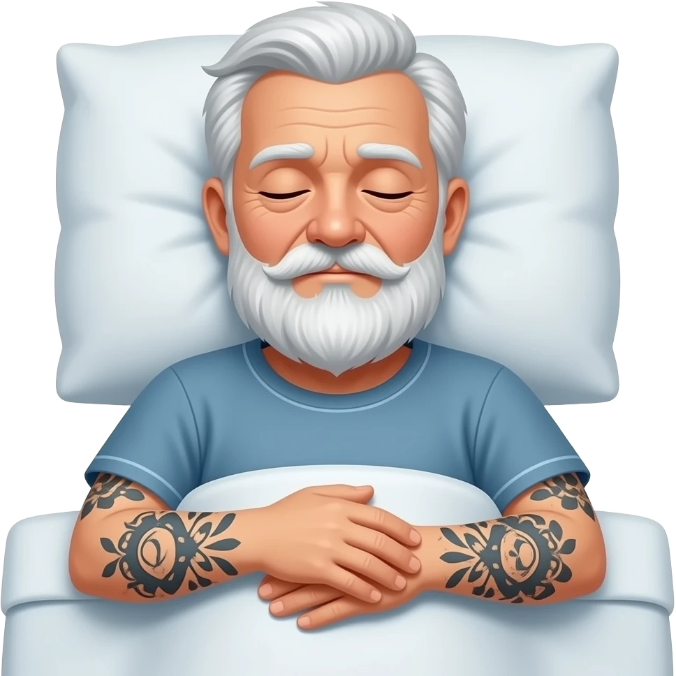 an old elderly man with tattoos on arm in bed asleep emoji