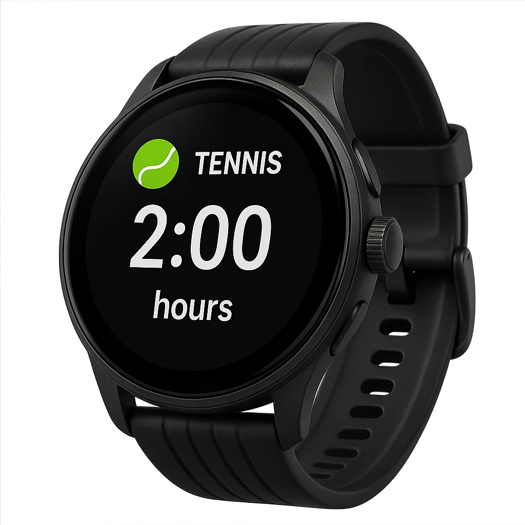 smartwatch con modalità attiva di tennis che segna 2 ore di tennis, REALISTICA 4K emoji