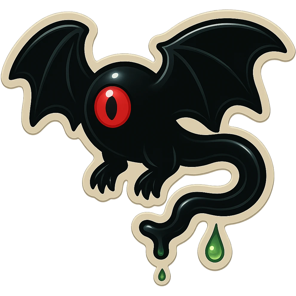an all black reptilian bat-like creature. One cyclopian red eye in its face. no visible mouth or ears. 2 hind legs with claws. has a long tale with a stinger that drips green poison. no ears. no horns emoji