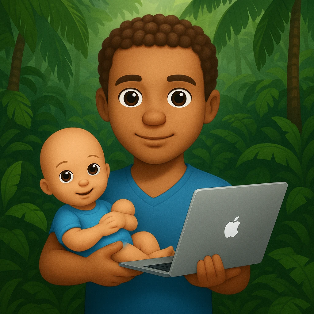 Edit the image to change the baby doll to have no hair, make the guy's hair less curly, and add more jungle background. Keep the style similar to the original image. emoji