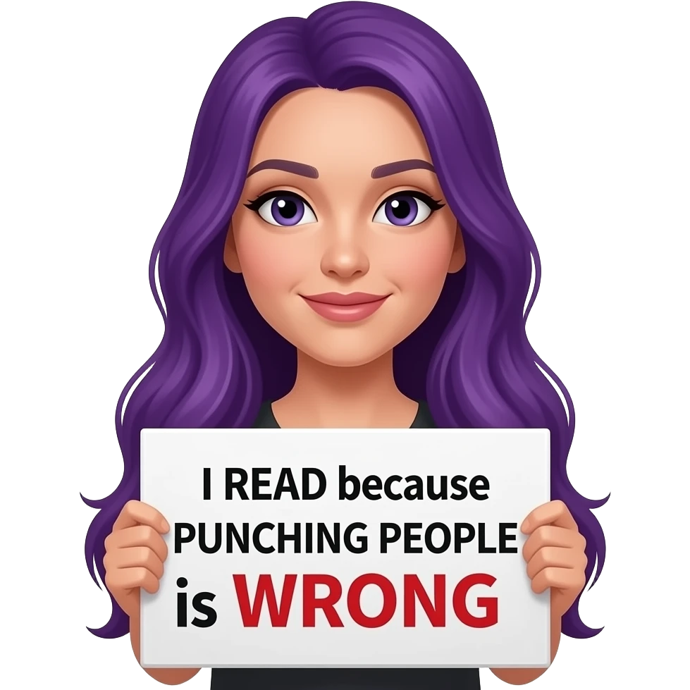 sexy girl with long purple hair holding a I READ because PUNCHING PEOPLE is WRONG sign emoji
