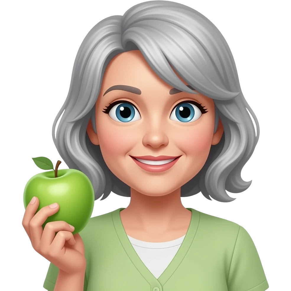 Lady around 45  with beautiful grey hair and with Green apple emoji