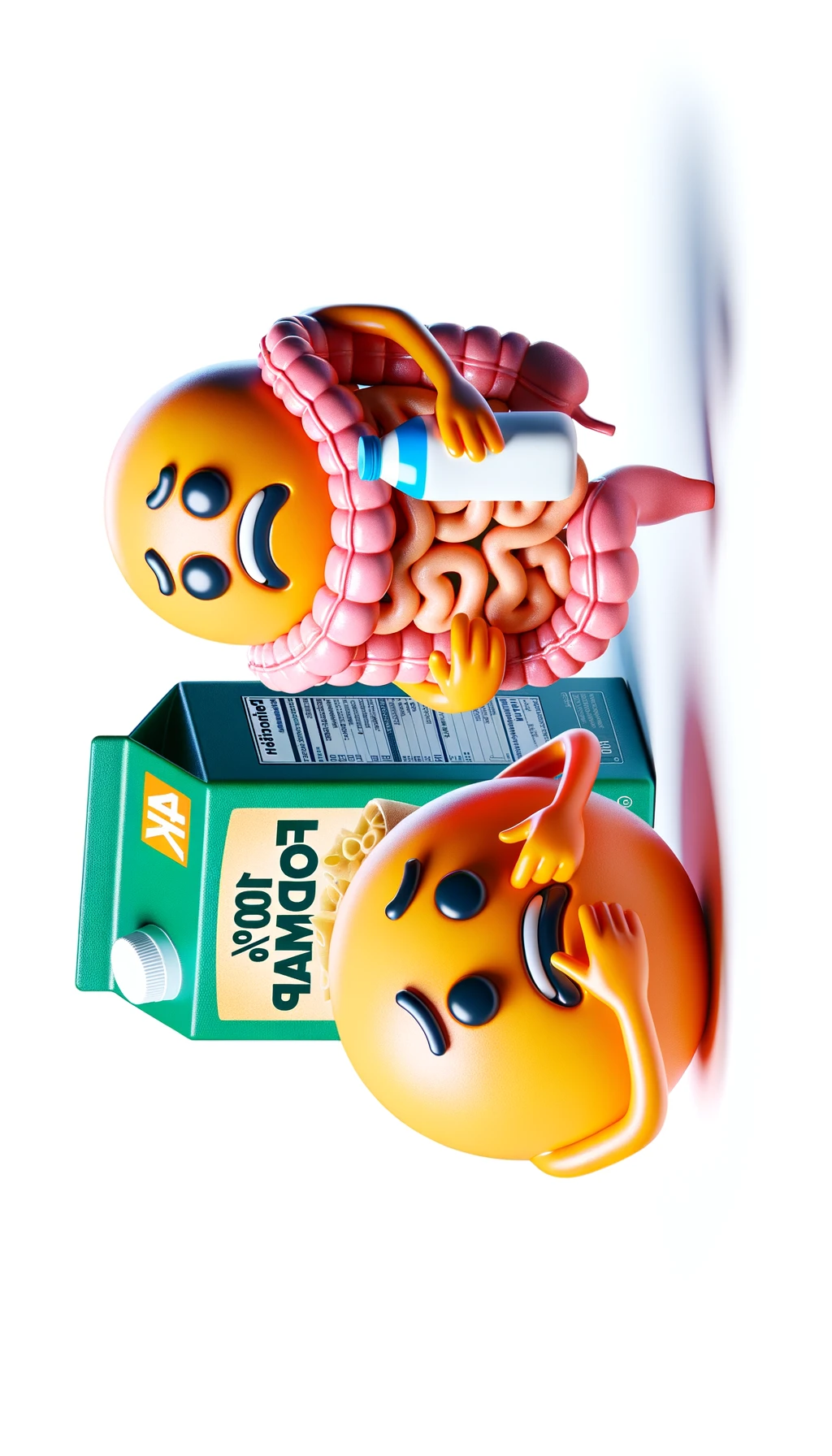 emoji stile iphone di un intestino che beve latte e ha un espressione di dolore e un intestino che guarda un pacco di pasta con la scritta "100% FODMAP" SULL'ETICHETTA CON ESPRESSIONE CONFUSA, iperrealistico 4k, isolato su sfondo bianco emoji