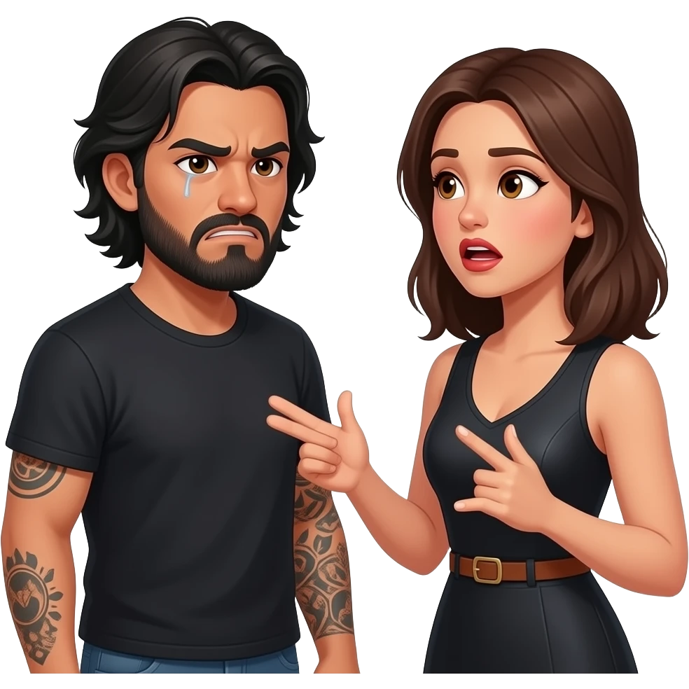 A really sad but angry because he found out she was cheating on him with a bald, headed red bearded guy, andthey are always arguingLatino couple man has a beard, medium hair and tattoos and his wife is beautiful with hazel eyes and shoulder length brown hair and their relationship is broken emoji
