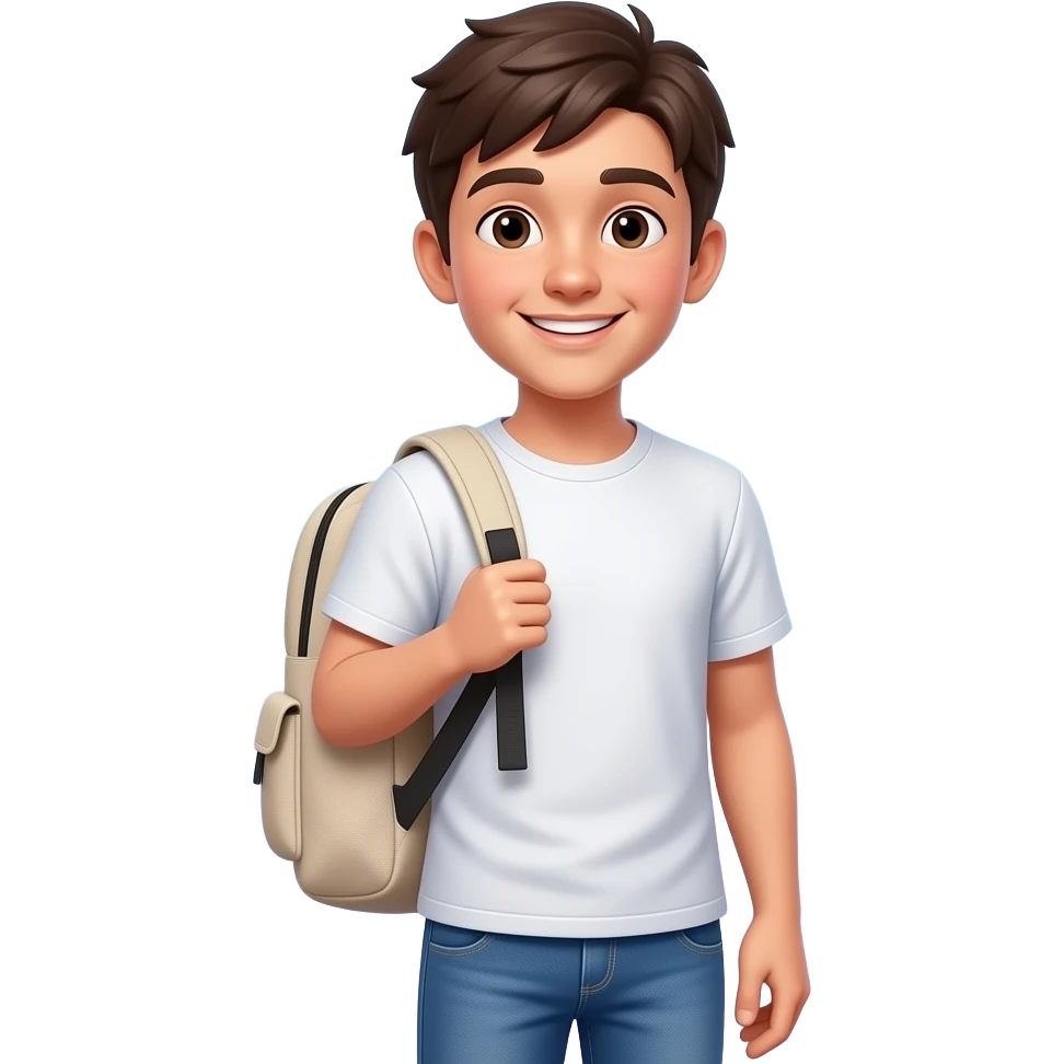 Minimalist flat design icon of a teenage person with casual style clothing and backpack, simple and modern, soft gradient (light blue and purple), friendly appearance, no text emoji