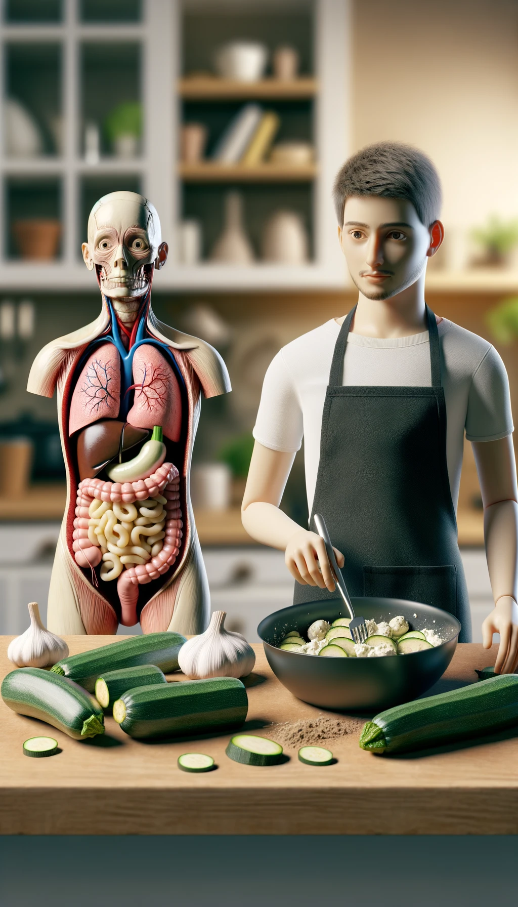 corpo umano con capelli corti con grembiule nero che cucina una ricetta con zucchine, gnocchi e ricotta, intestino realistico in evidenza, cucina sfocata sullo sfondo emoji