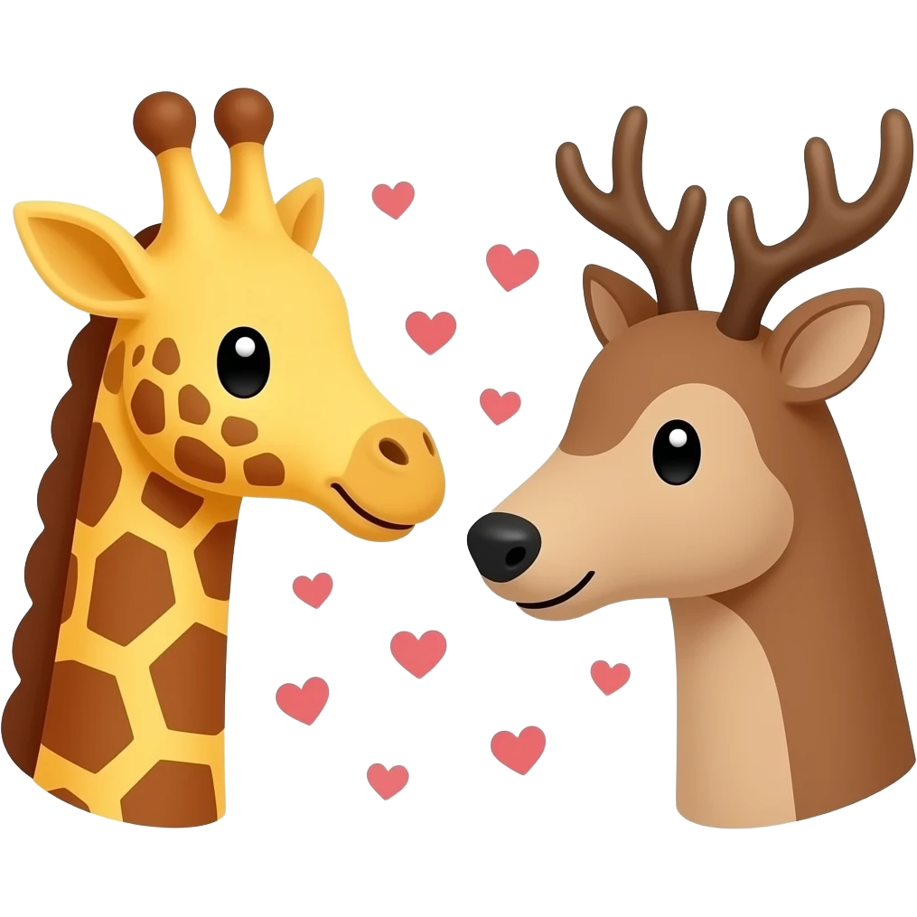 Einfacher Giraffenkopf und Elchkopf schauen sich an mit vielen Herzchen emoji