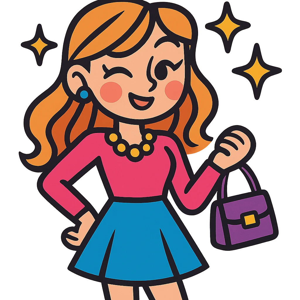 girly girl in a stylish outfit winking, holding a purse, with stars, vibrant toon style emoji